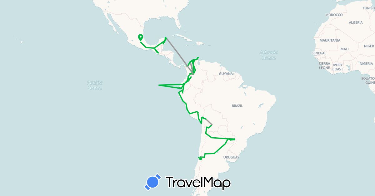 TravelMap itinerary: driving, bus, plane in Argentina, Bolivia, Chile, Colombia, Ecuador, Guatemala, Mexico, Panama, Peru, Paraguay (North America, South America)